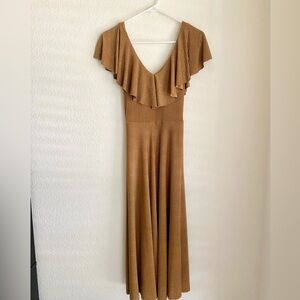 June & Hudson Gold Midi Dress with V-Neck and Flutter Sleeves